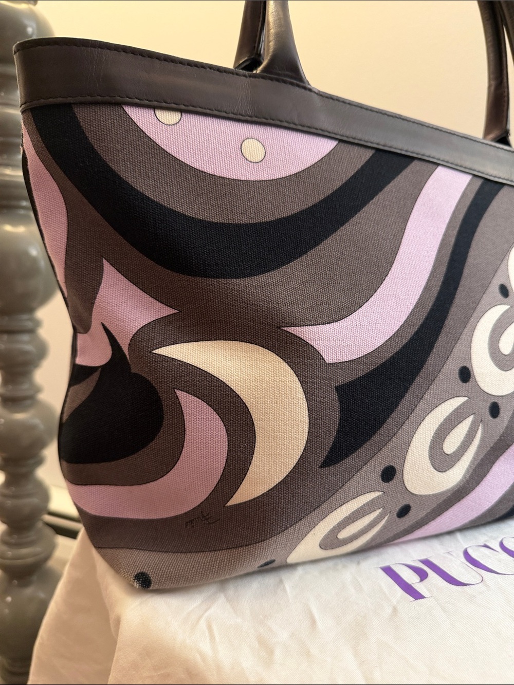 Vintage Emilio Pucci purple black gray and white canvas and leather tote handbag - Picture 2 of 15